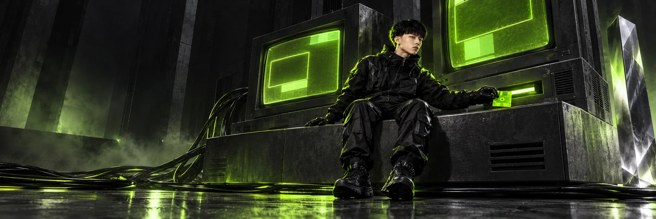 The calm KIMWARE boss at a surreal computer command station illuminated in acid green
